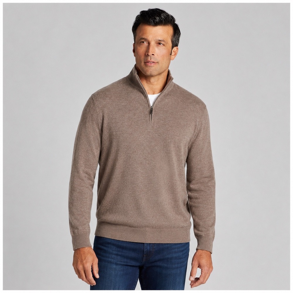 Jos. A. Bank Traveler 1/4 Zip Sweater Mens Size L Tan Pima Cotton Mock Pullover